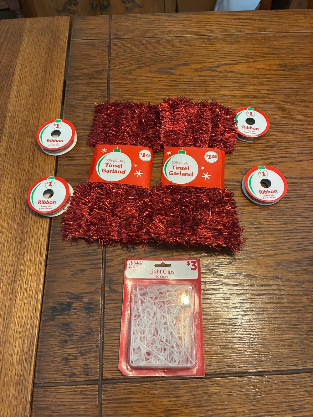 Holiday Time Red Tinsel Garland & Ribbon Set with White Light Clips